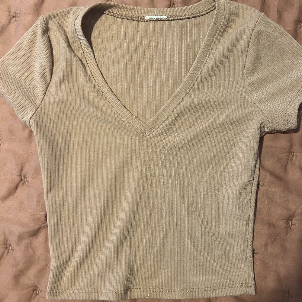 Tillys DESTINED Ribbed V-Neck Womens Brown Crop Tee